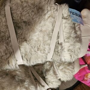 De Blossom Women's Faux Fur Boots with Faux Leather Ribbon Ties Size 10